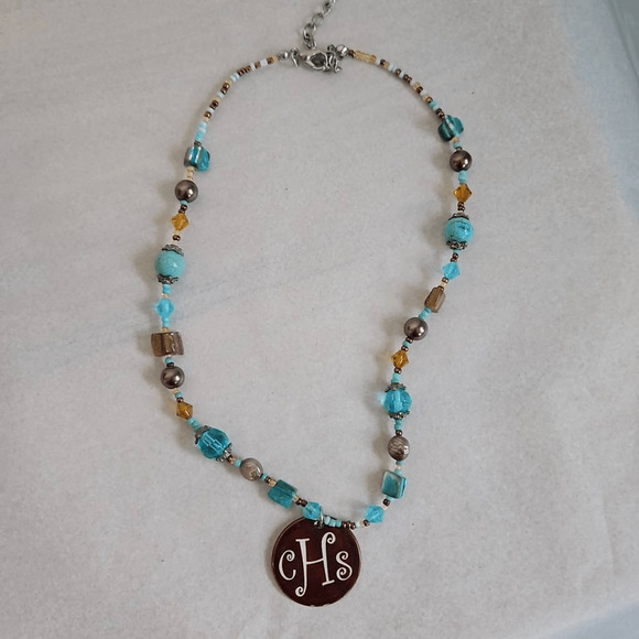 Beaded Turquoise And Brown Necklace Monogram CHS Fashion Jewelry Highschool - Picture 3 of 4